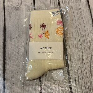MOTHER Cream Ribbed Crew Socks with Embroidered Sun & Florals Best Wishes